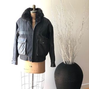 Denim & Leather Jacket with Real Opposum Fur Vintage Jacket